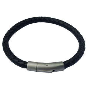 Bracelet homme/femme cuir tréssé noir rond fermoir acier inox