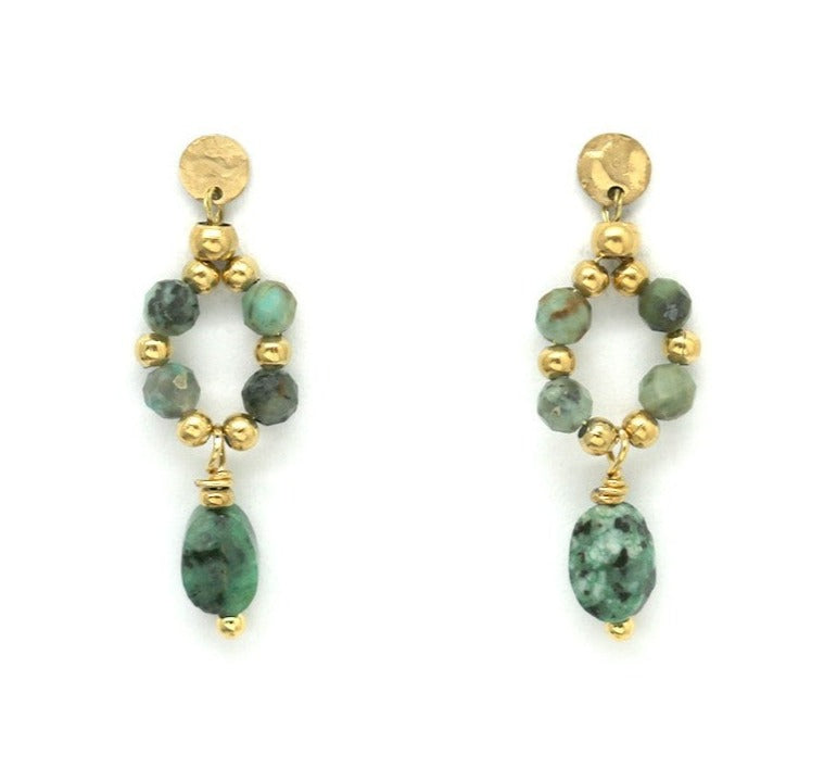 boucle oreilles sequin monté d'un assemblage de pierres vertes jaspe turquoise africaine